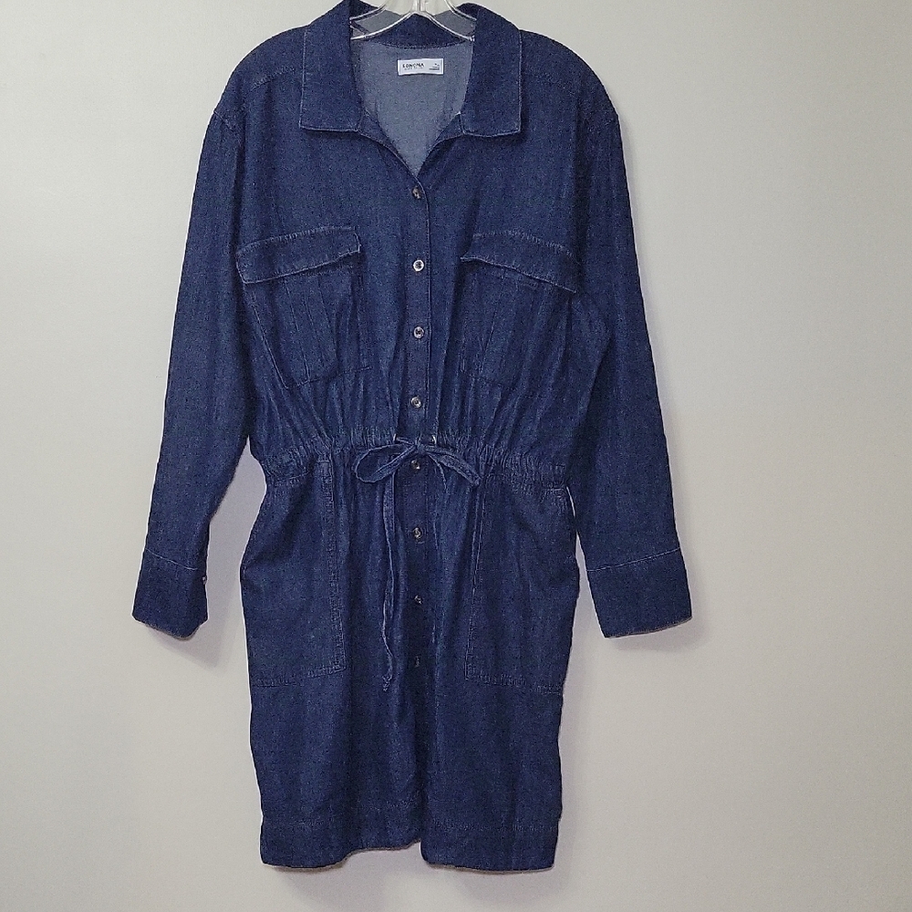 Sonoma Denim Dress XL Dark Wash Cinch Tie Waist Long Sleeve
